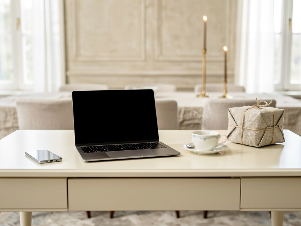 A tidy ivory desk with a laptop, a phone, a porcelain cup and a small stack of linen-wrapped parcels, softly lit by a wi