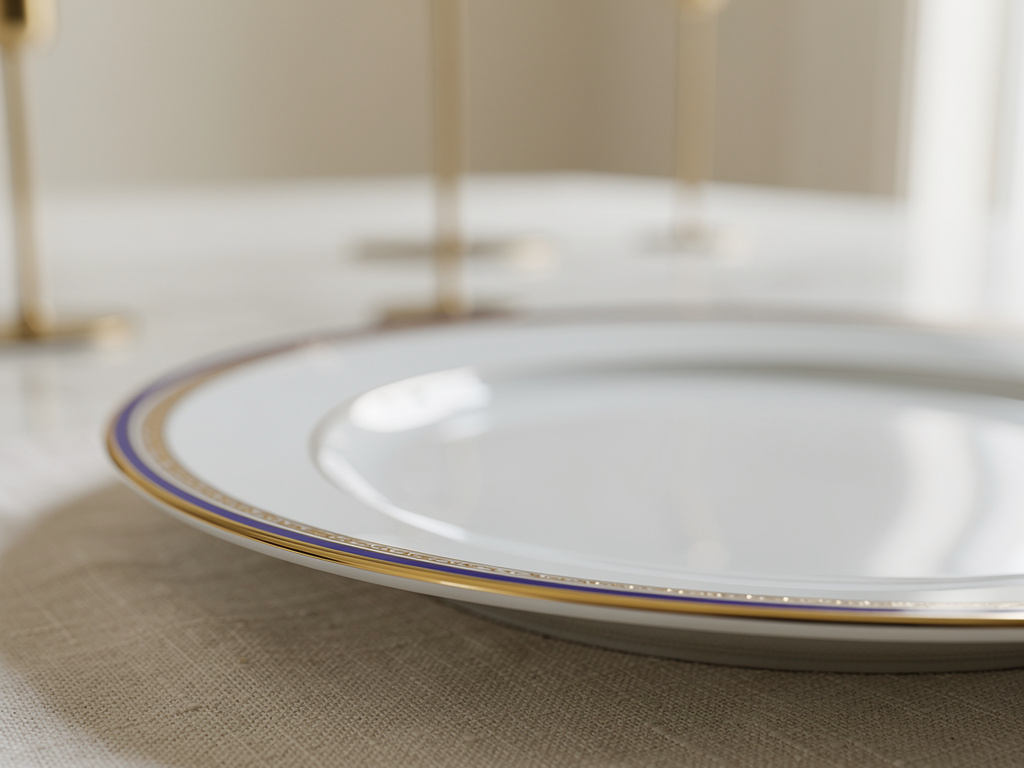 Close-up of the rim of a white porcelain plate with a fine cobalt and soft gold border in soft daylight.