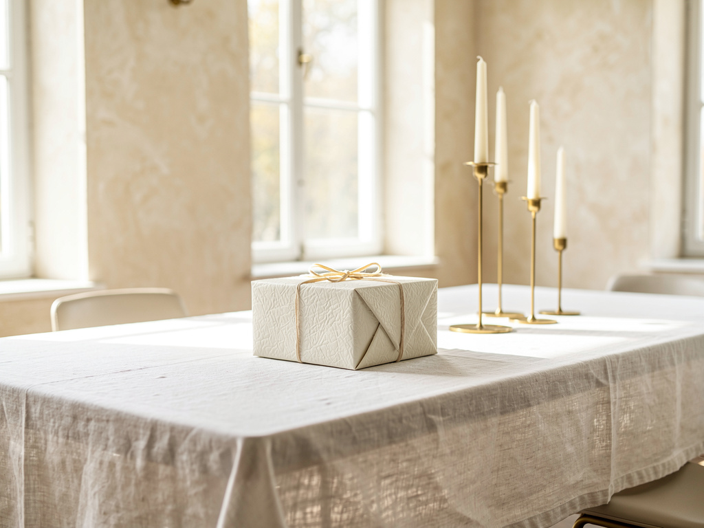 A neatly wrapped box of porcelain pieces resting on a linen cloth by a sunlit window.