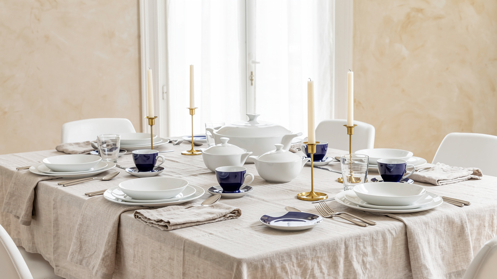 A fully set marble table with white porcelain dinnerware, cobalt-accented cups and linen napkins, bathed in soft window 