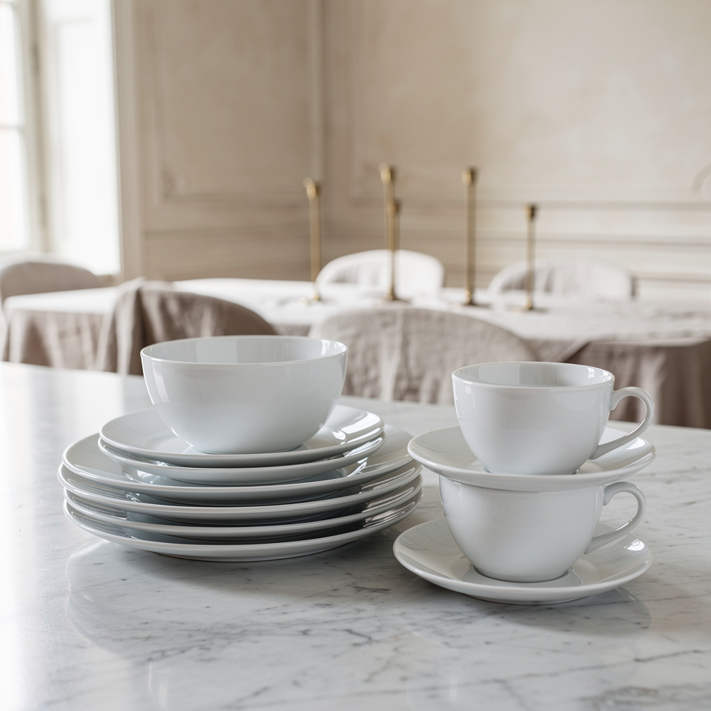 A complete white porcelain dinner set stacked neatly on a pale marble surface against a clean light background.
