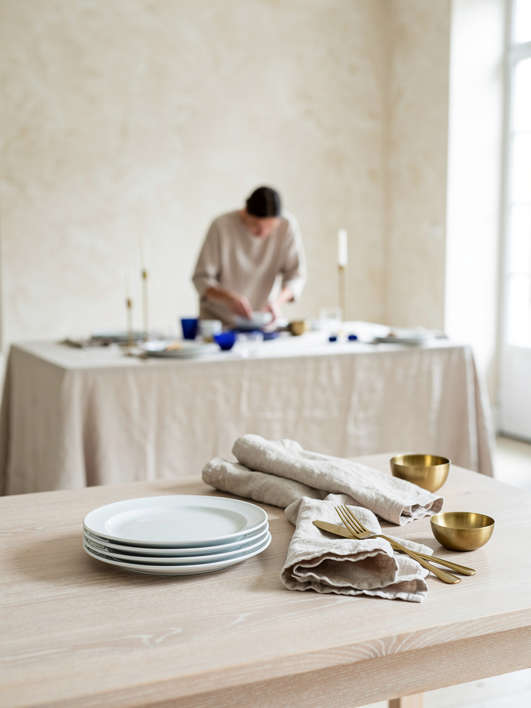 A pale oak worktable with stacked white plates, rolls of linen and brass details, a figure from behind arranging pieces 
